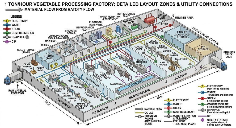 1 ton per hour food processing line layout with zoning and workflow optimization How Much Does It Cost to Build a 1-Ton/Hour Commercial Food Factory from Scratch in 2026?(pic1)