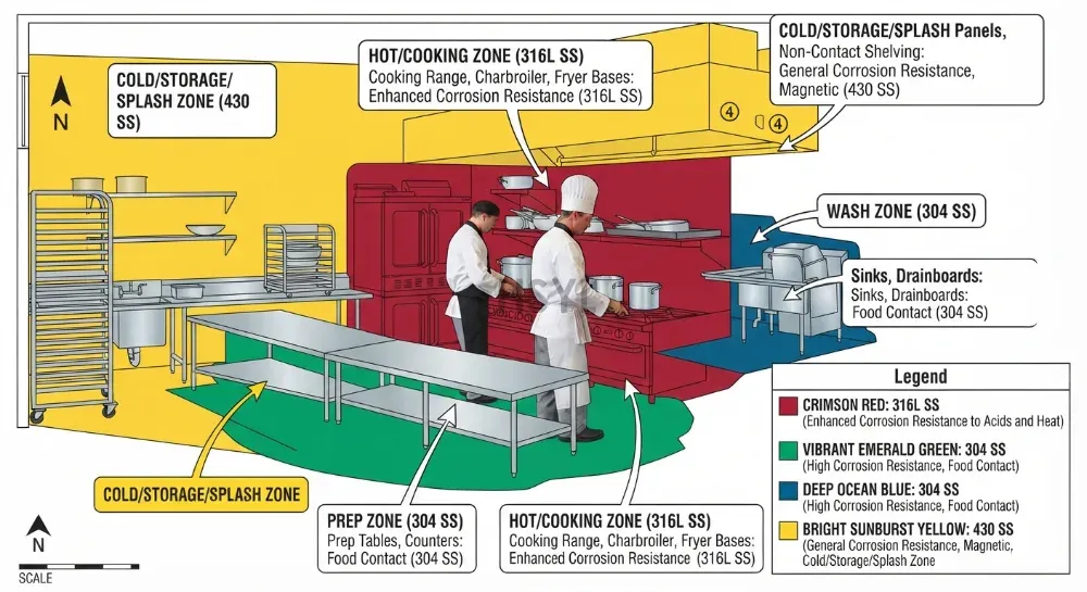 Commercial Kitchen Stainless Steel Selection: 304 vs 316L vs 430 by Zone(pic2)