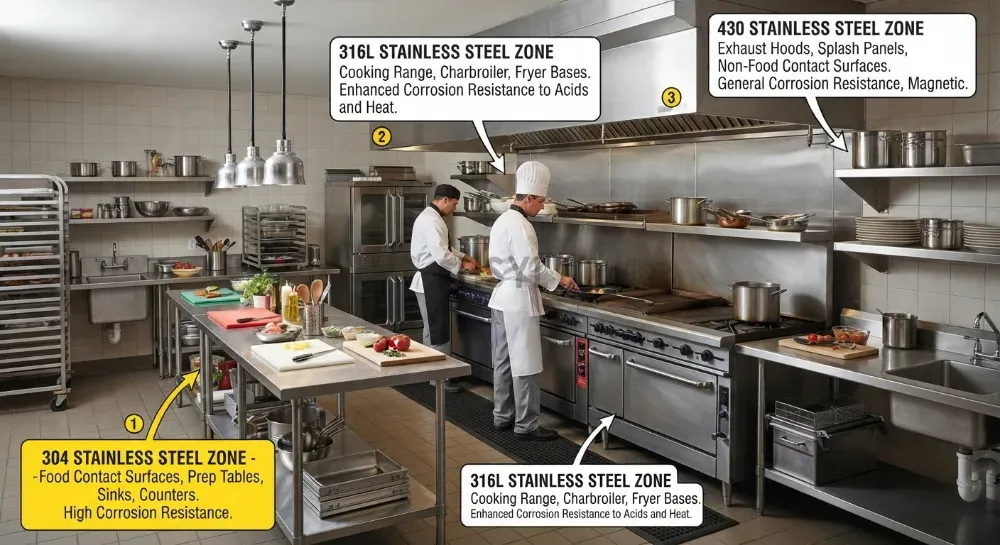 Commercial Kitchen Stainless Steel Selection: 304 vs 316L vs 430 by Zone(pic1)