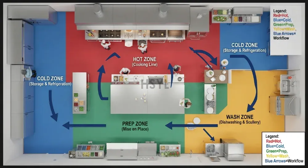 Commercial Kitchen Workflow and Equipment Layout: Hot, Cold, Prep and Wash Zones(pic1) Commercial Kitchen Workflow and Equipment Layout: Hot, Cold, Prep and Wash Zones(pic1)
