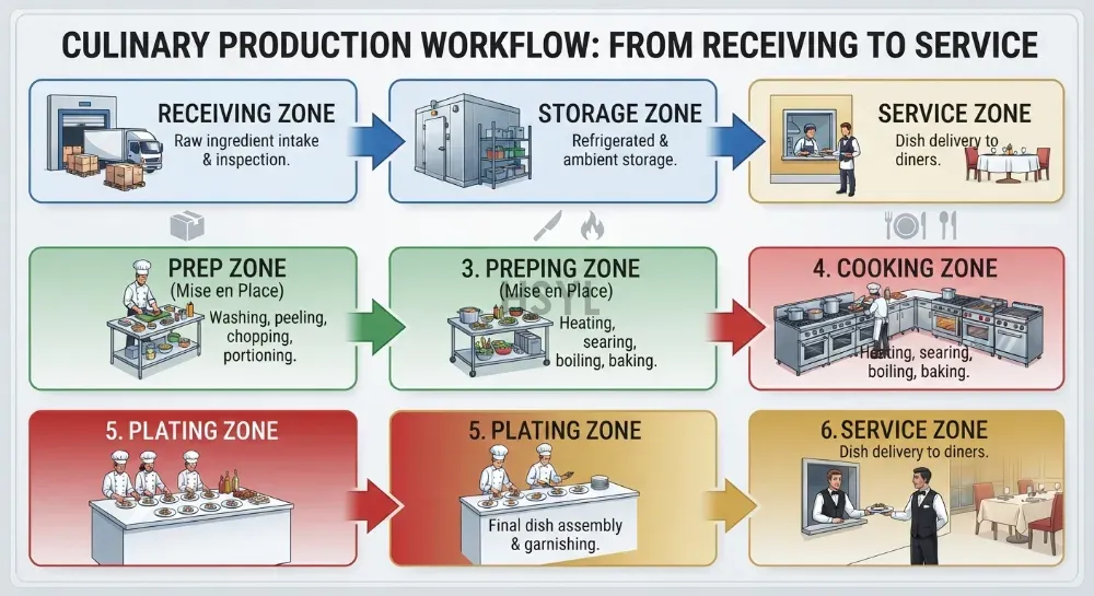 Commercial Kitchen Workflow and Equipment Layout: Hot, Cold, Prep and Wash Zones(pic2) Commercial Kitchen Workflow and Equipment Layout: Hot, Cold, Prep and Wash Zones(pic2)