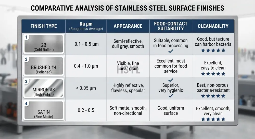 Commercial Kitchen Stainless Steel Surface Finish: Ra, Brushed vs Mirror vs Satin Cleanability(pic2) Commercial Kitchen Stainless Steel Surface Finish: Ra, Brushed vs Mirror vs Satin Cleanability(pic2)